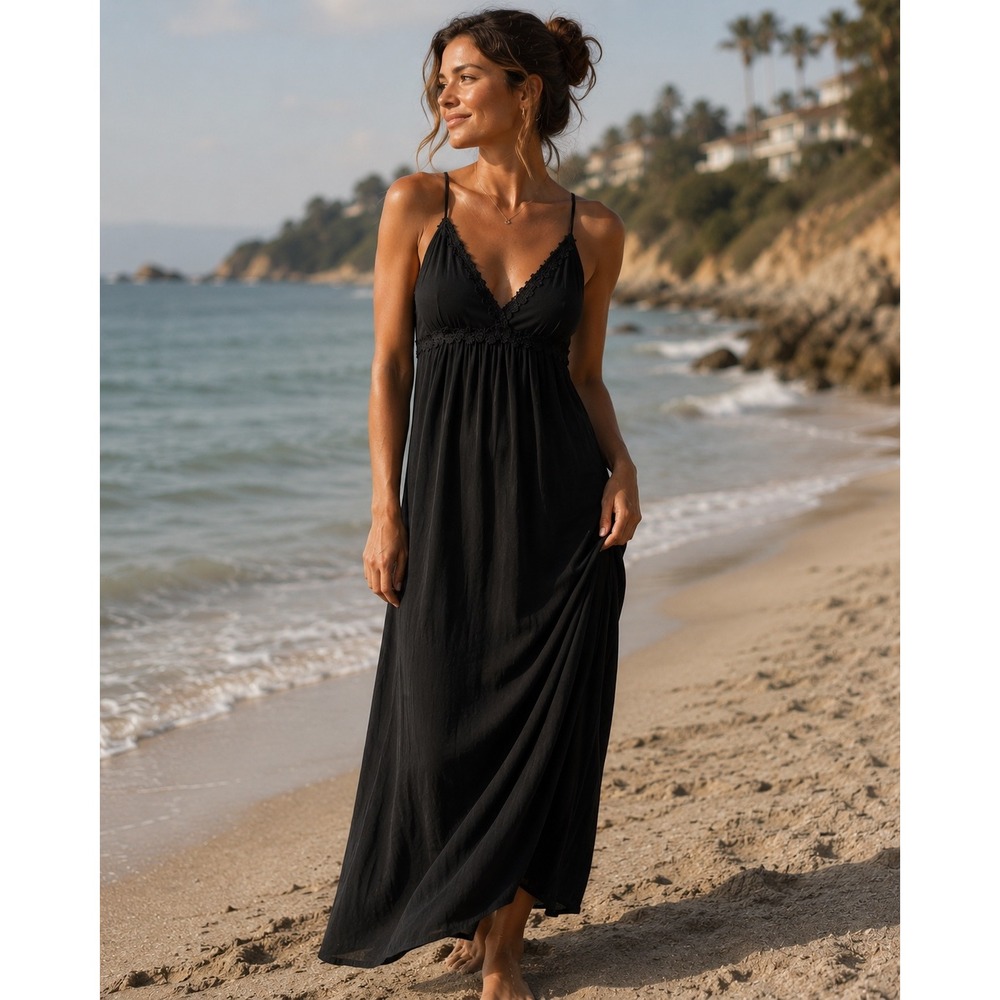 Papaya Womens Maxi Babydoll Dress M Black Lace Trim Boho Summer Flowy LBD Goth